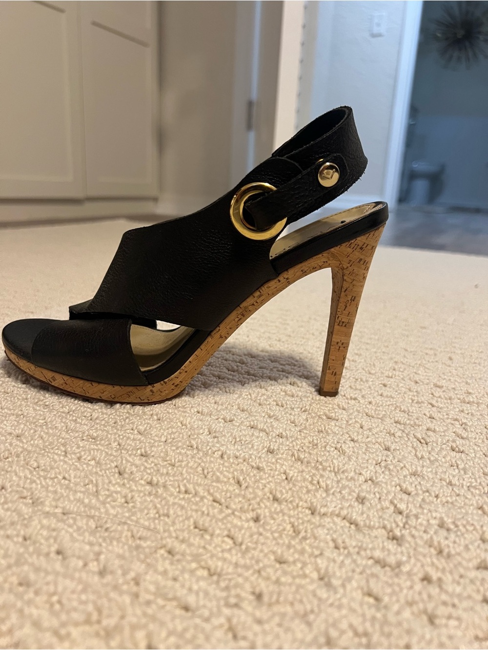Via Spiga Black Leather Platform Heel Sandals with Gold Accent